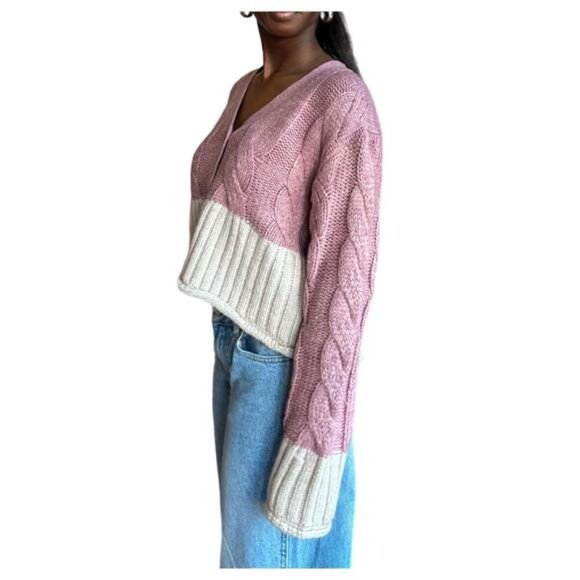 Promesa Pink and Cream Colorblock Cable Knit Sweater Cardigan - Picture 15 of 16